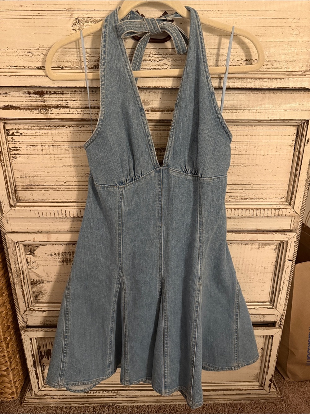 Steve Madden Light Blue Denim Backless Halter Dress